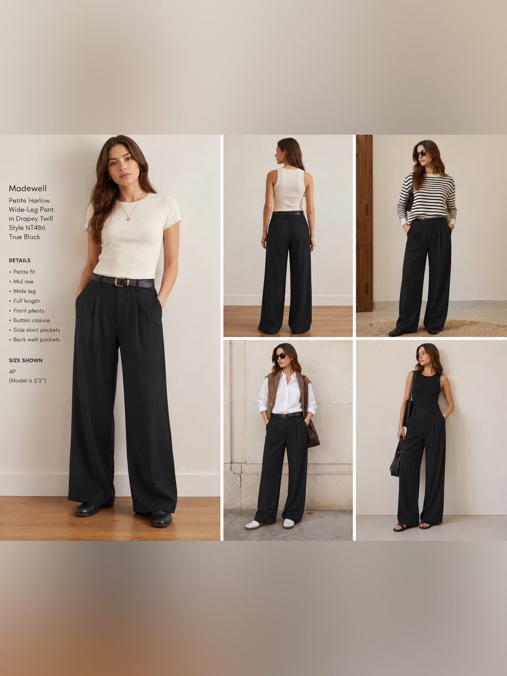 Madewell Petite Harlow Wide-Leg Pant Drapey Twill Black 4P NT486